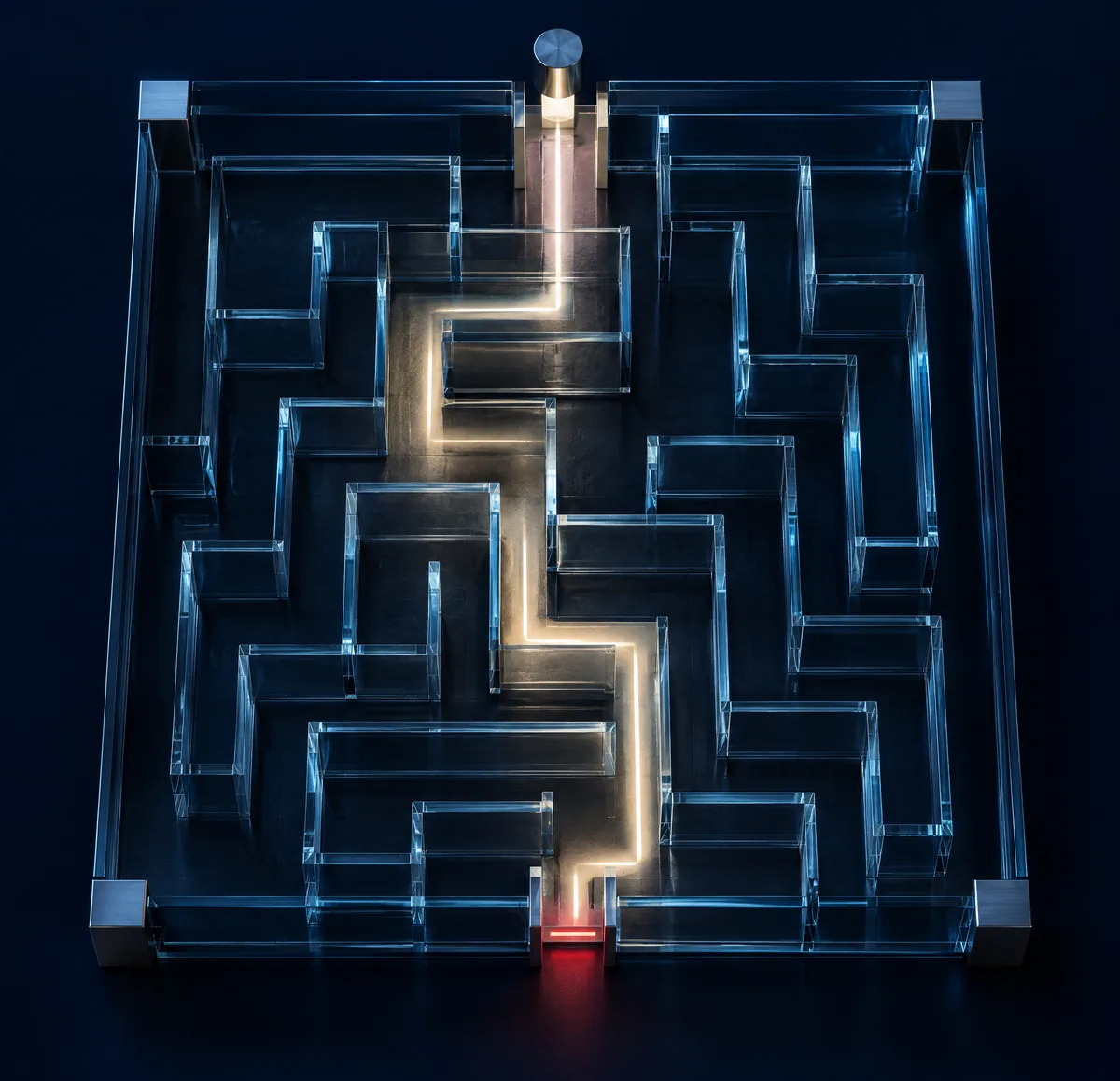 A dim glass maze with one clear path lit through it