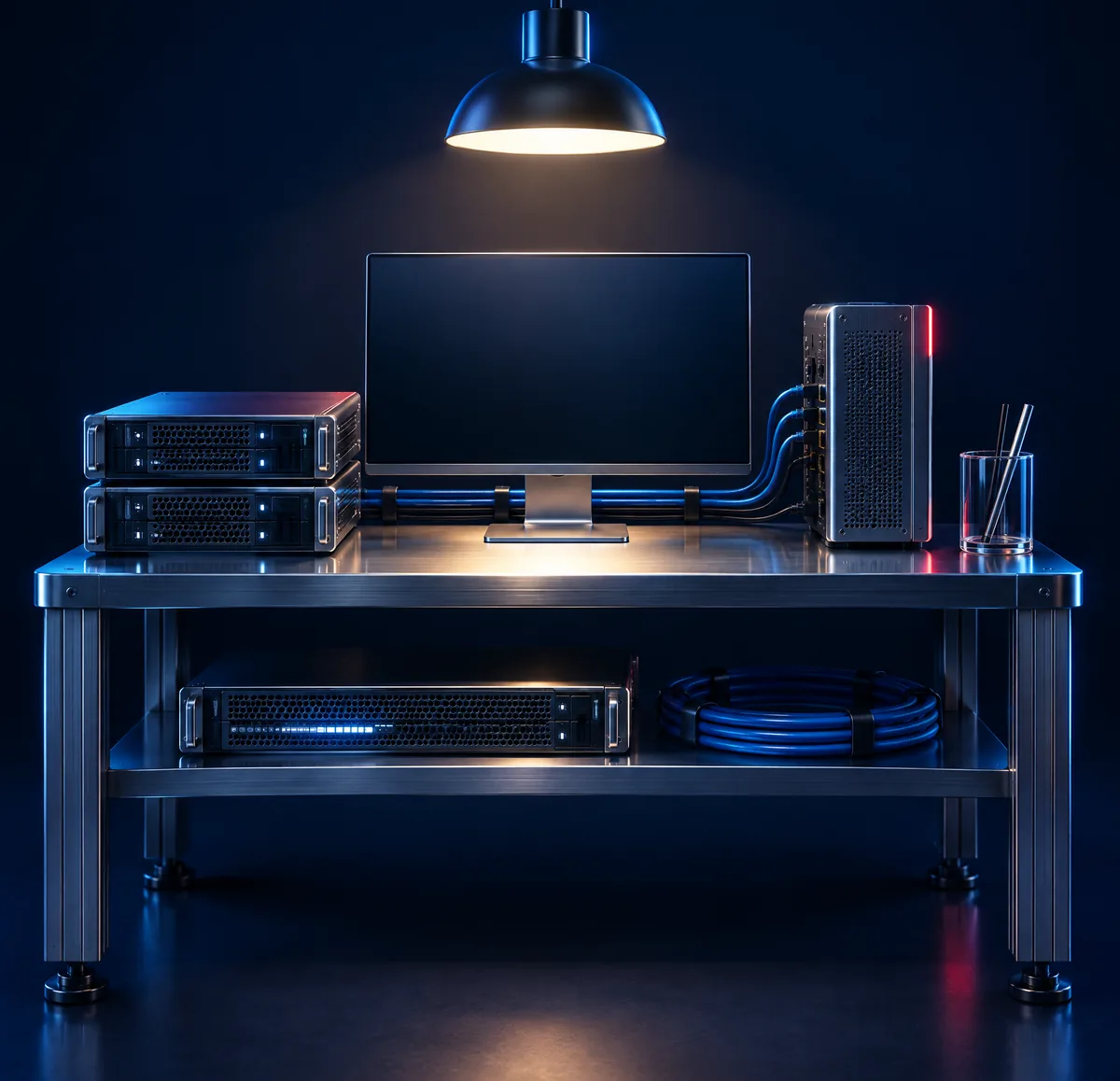 A compact lab bench under a lamp with small server units and cables