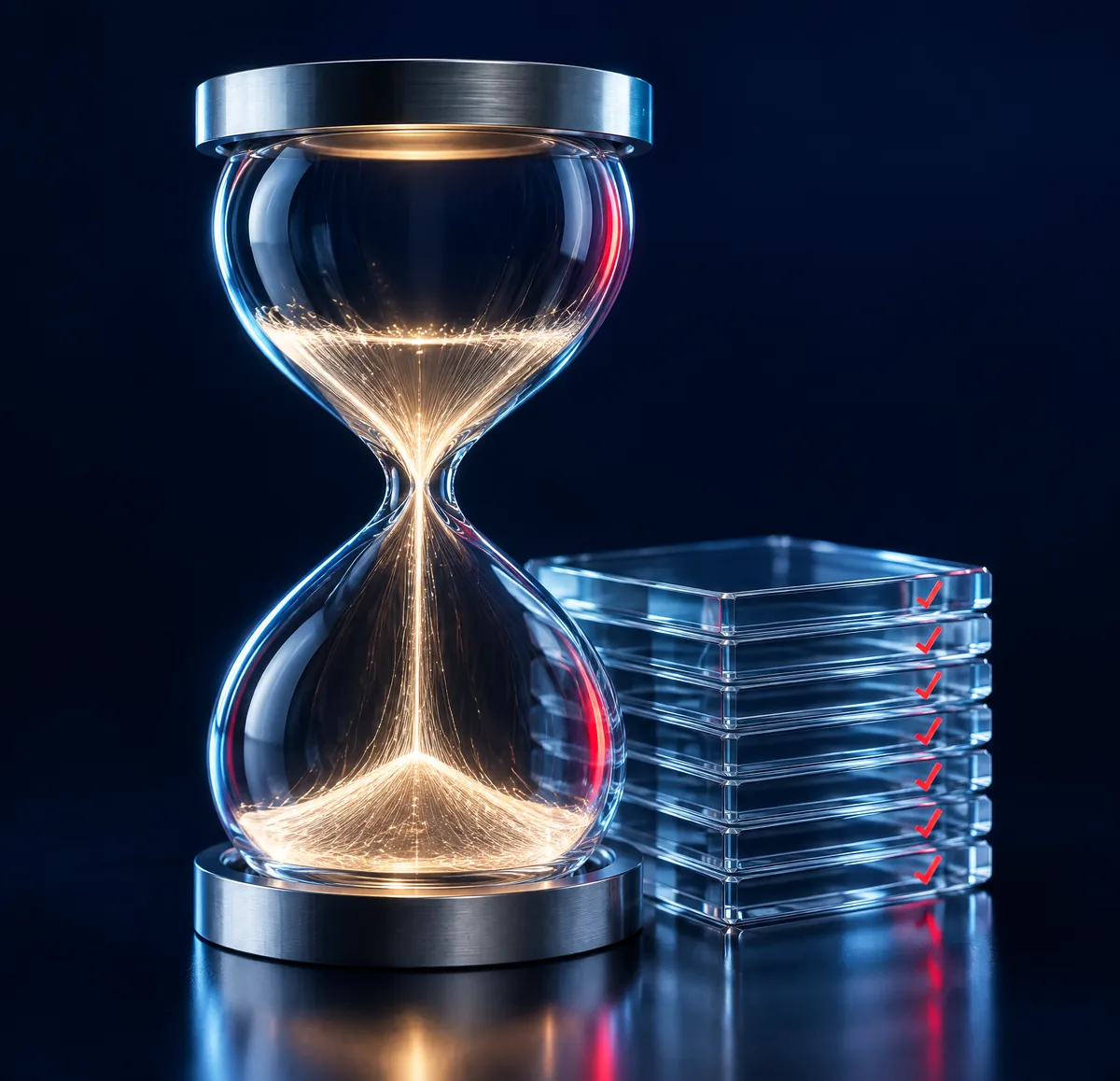 An hourglass of light beside a stack of glass tiles, each with a small red tick
