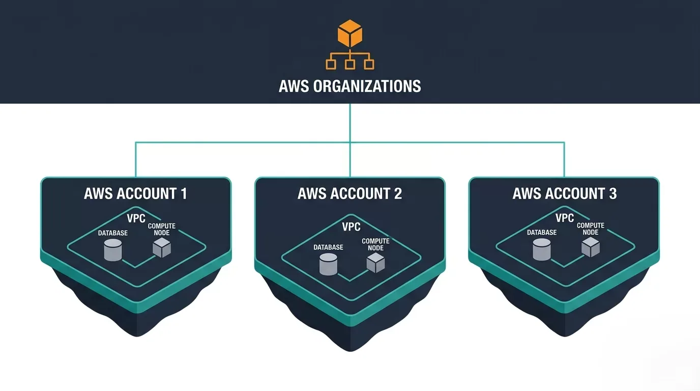Account-per-tenant SaaS AWS architecture showing isolated AWS accounts per customer under AWS Organizations with dedicated VPC, RDS, and compute per tenant
