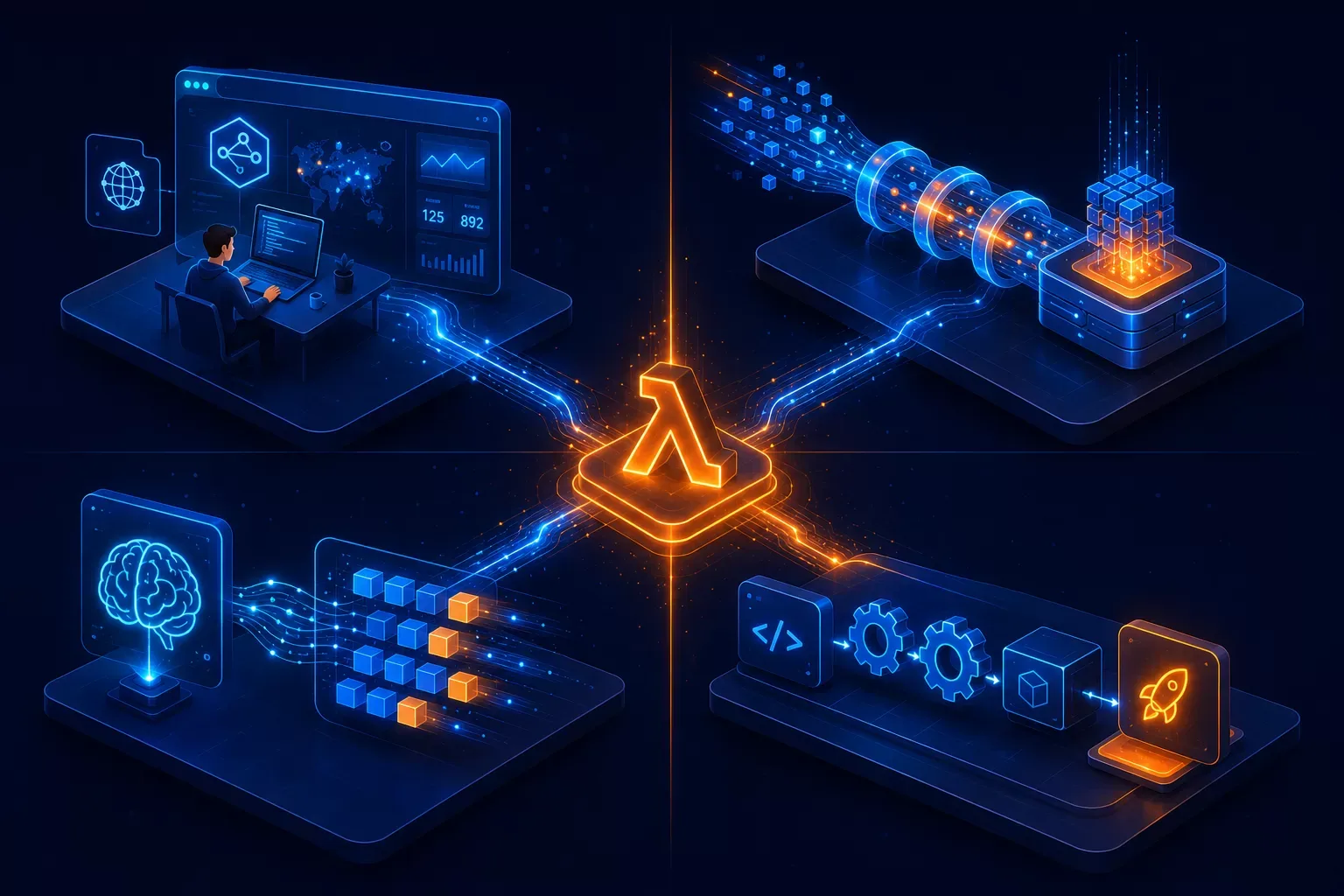 AWS Lambda enterprise use cases including serverless APIs, real-time data processing, AI inference, and automated DevOps pipelines