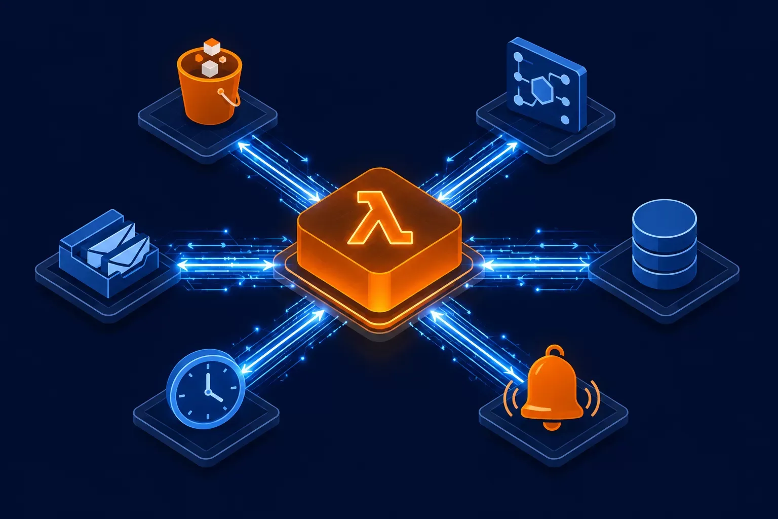 AWS Lambda event-driven triggers connecting S3, API Gateway, SQS, DynamoDB, and EventBridge to serverless functions