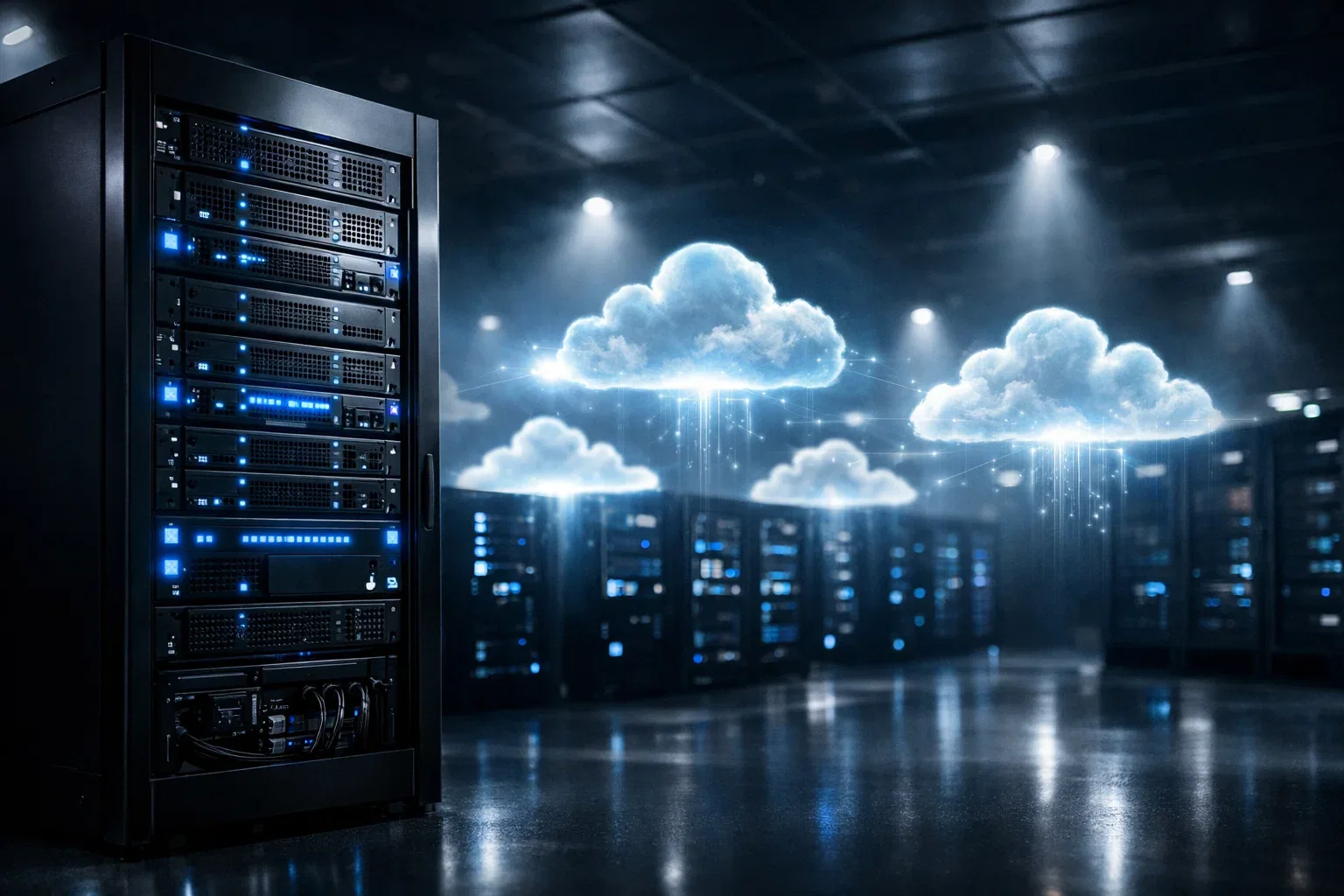 AWS Outposts server rack installed inside an on-premises data center with cloud connection visualization