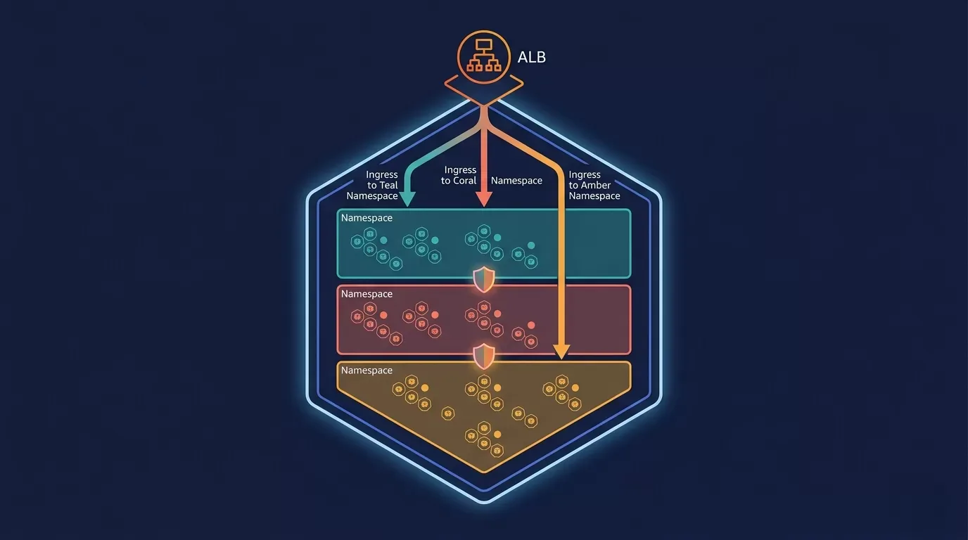Hybrid AWS SaaS architecture showing three tenant isolation tiers — shared EKS cluster for SMB, dedicated namespace for professional, and account-per-tenant for enterprise