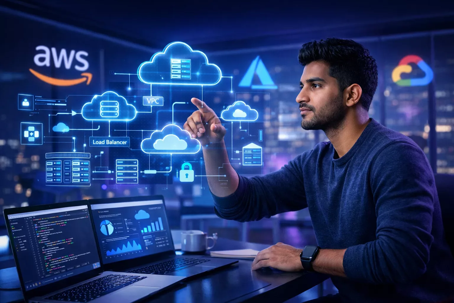 Cloud computing professional analyzing multi-cloud infrastructure in 2026