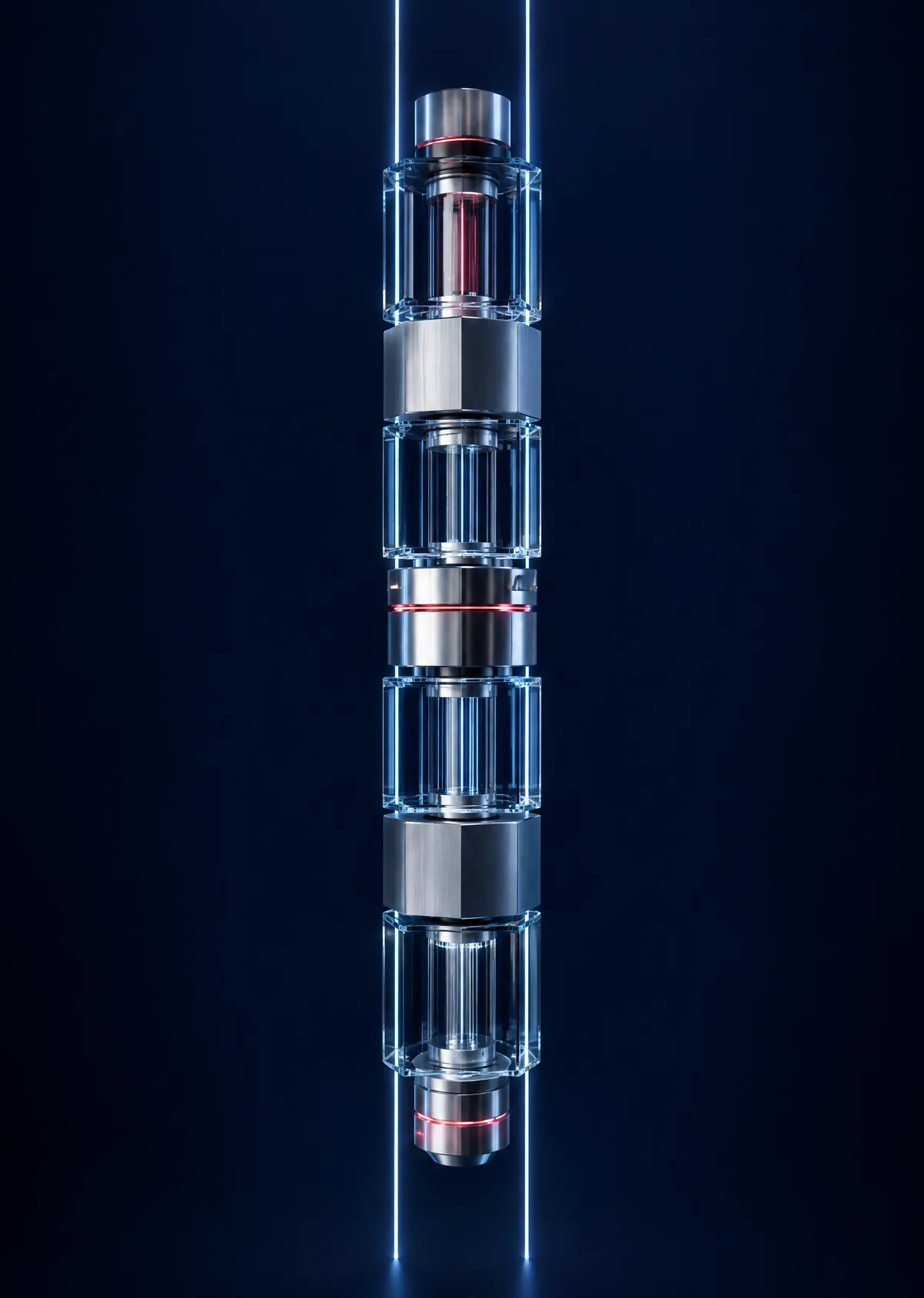 A tall column of stacked modules held true by guide rails of light