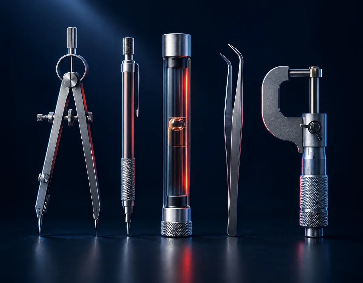 Precise engineering instruments laid out on a dark surface, one lit