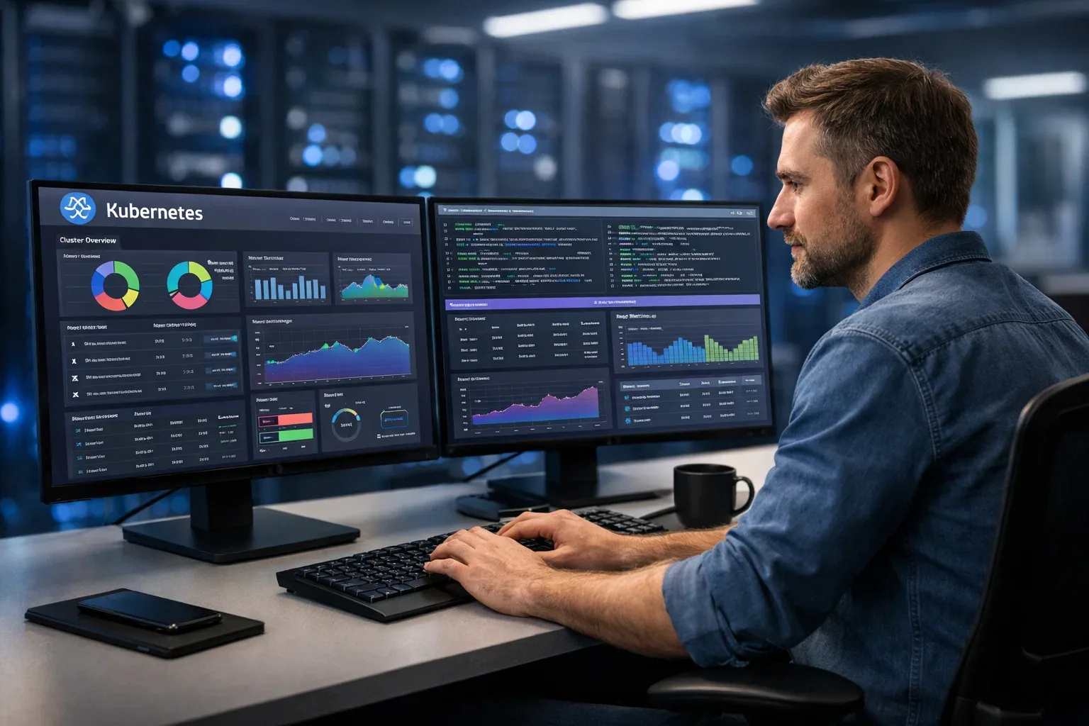 IT professional managing a Red Hat OpenShift cluster on dual monitors in a modern server room