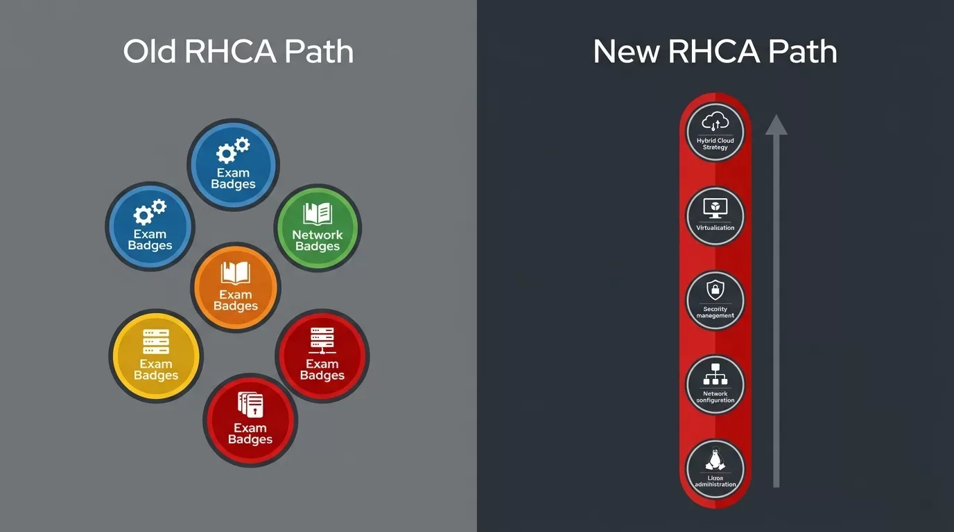 RHCA certification path changes 2026 - old system with mixed specialist exams versus new focused single-track requirement