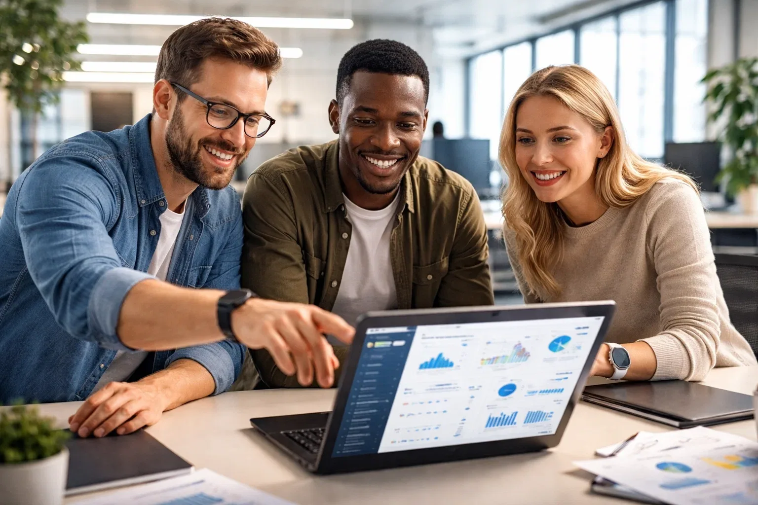 Team of platform engineers and DevOps professionals collaborating around a laptop in an office