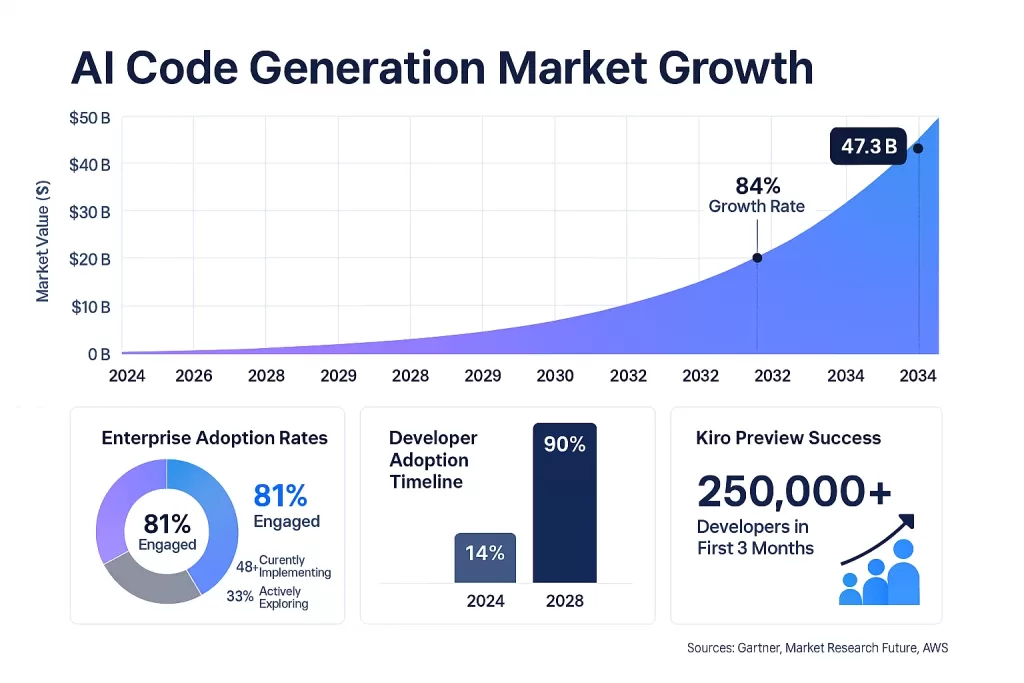 Data visualization showing AI code generation market growth from $5.5B to $47.3B (2024-2034), enterprise adoption rates, and Kiro's 250K developer adoption