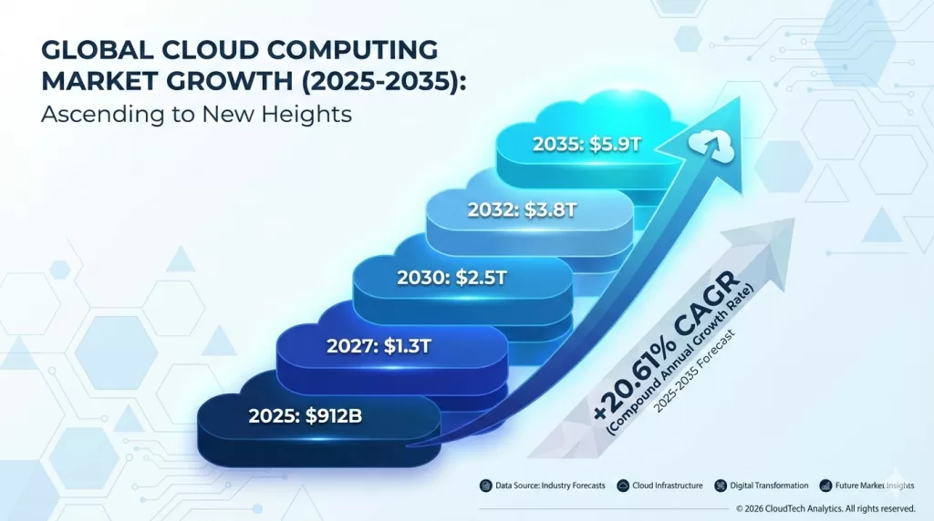 Cloud computing market growth projection from 2025 to 2035 showing exponential expansion