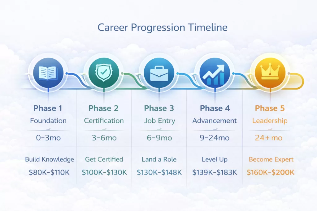 Step-by-step cloud computing career roadmap from beginner to expert level over 24 months