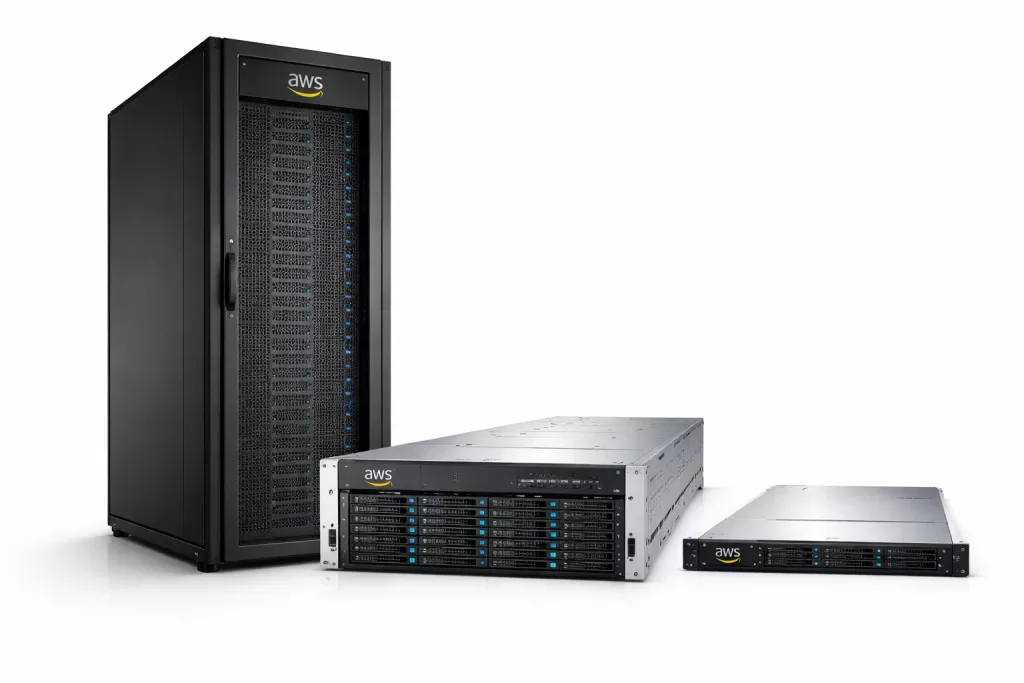 AWS Outposts form factors comparison showing a 42U rack, 2U server, and 1U server side by side