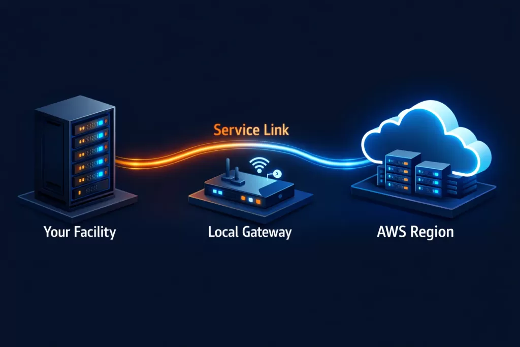 AWS Outposts architecture diagram showing the Service Link connecting an on-premises facility to an AWS Region via a Local Gateway
