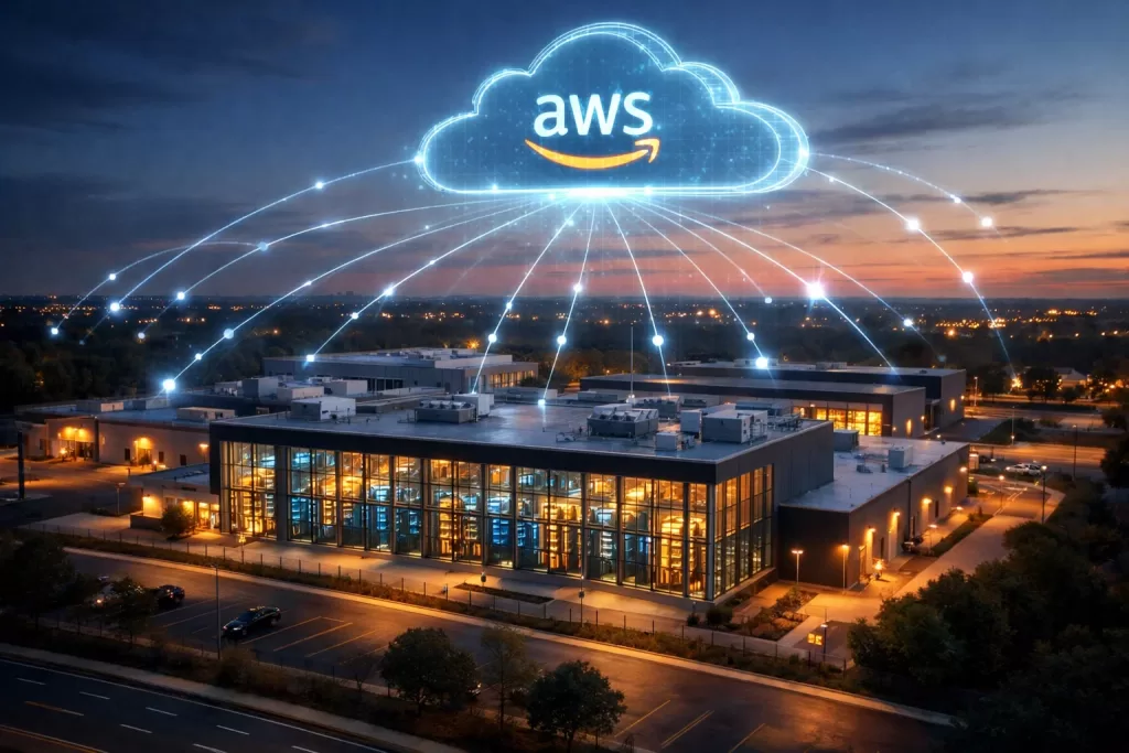 Enterprise data center facility with AWS Outposts deployed, showing hybrid cloud connectivity at dusk