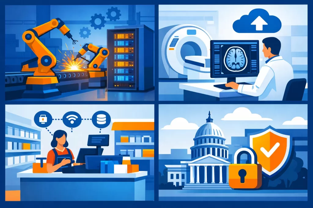 AWS Outposts use cases across four industries: manufacturing, healthcare, retail, and government compliance
