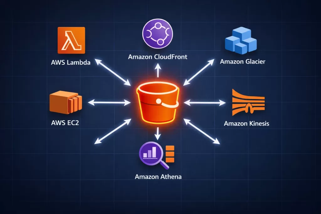 AWS S3 real-world architecture diagram showing S3 connected to Lambda, CloudFront, Glacier, Athena, EC2, and Kinesis