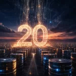 AWS S3 complete guide — 20 years of Amazon S3 cloud storage visualised as a vast digital landscape of glowing data