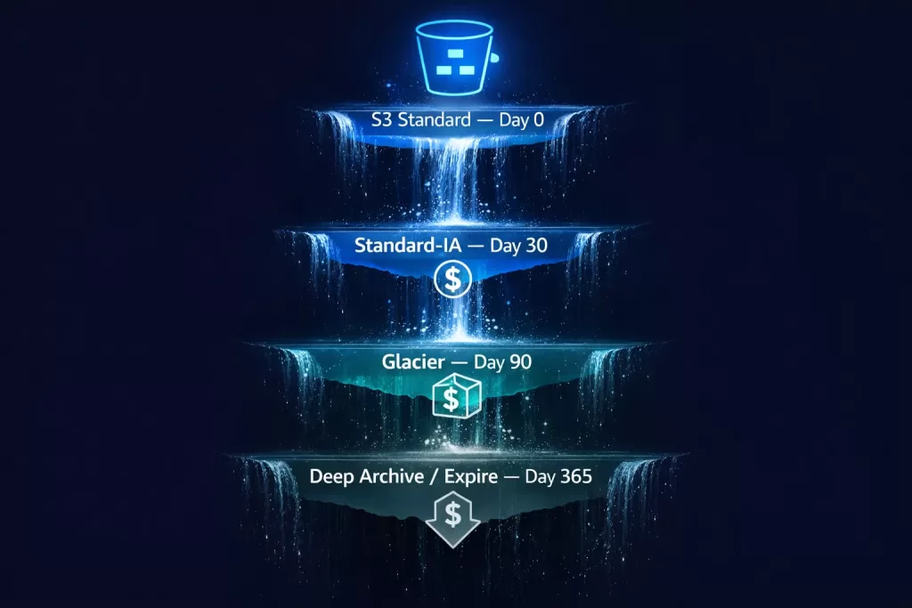 AWS S3 lifecycle policy cost optimisation diagram showing automatic data transitions from Standard to Glacier Deep Archive
