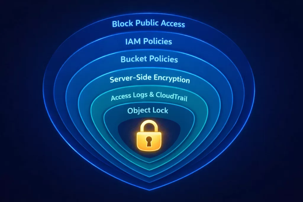 AWS S3 security layers diagram showing concentric rings from Block Public Access to Object Lock encryption