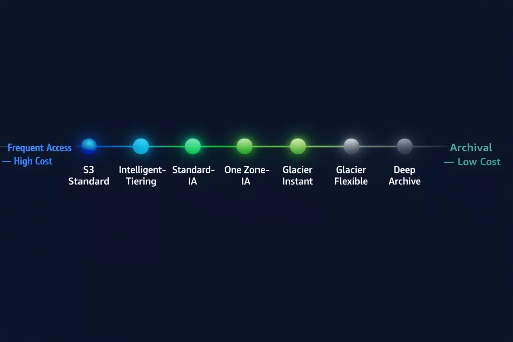 AWS S3 storage classes comparison — spectrum from S3 Standard to Glacier Deep Archive showing cost versus access speed
