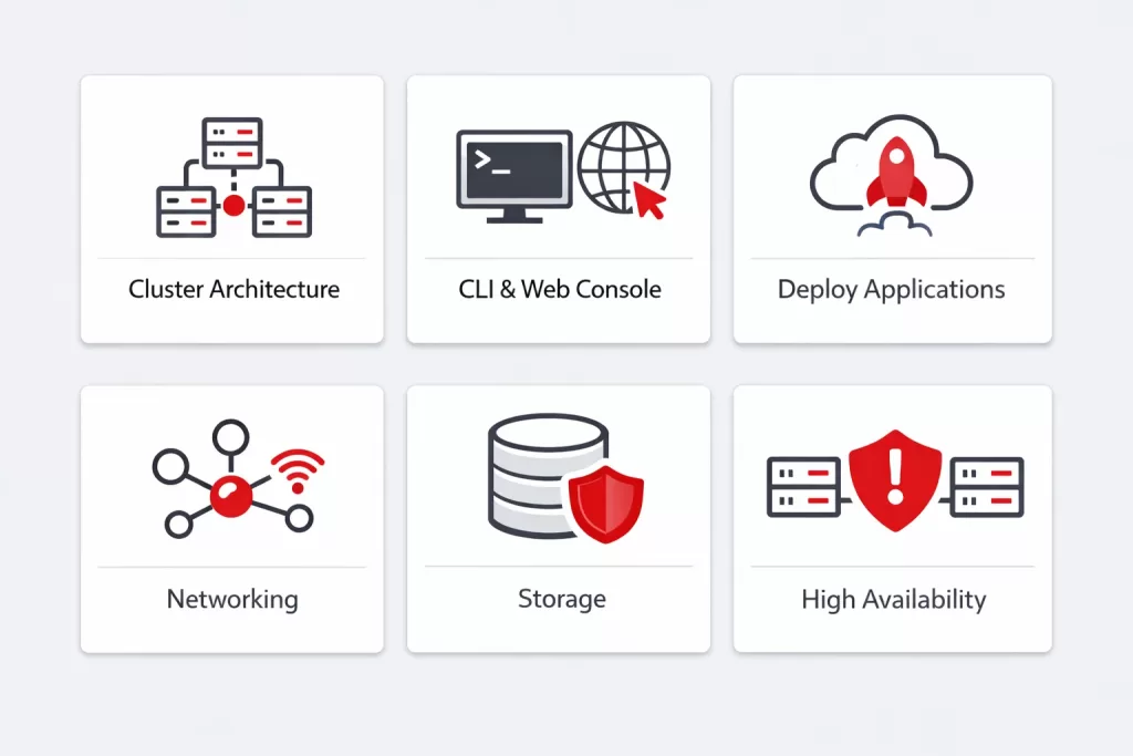 Six topic cards showing the core modules covered in the Red Hat DO180 OpenShift course