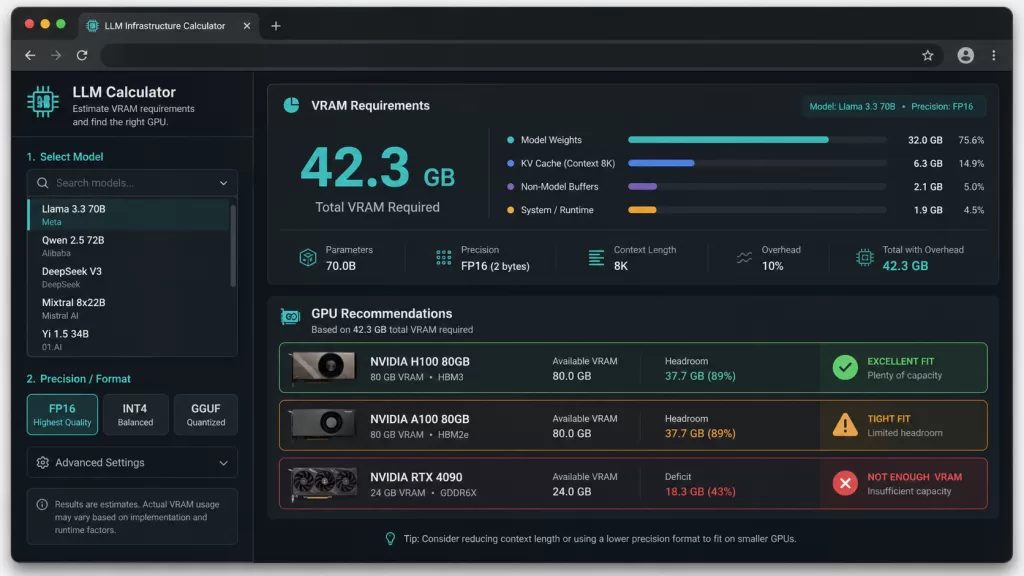 LLMcalc browser-based LLM infrastructure planning tool showing model selector and VRAM results