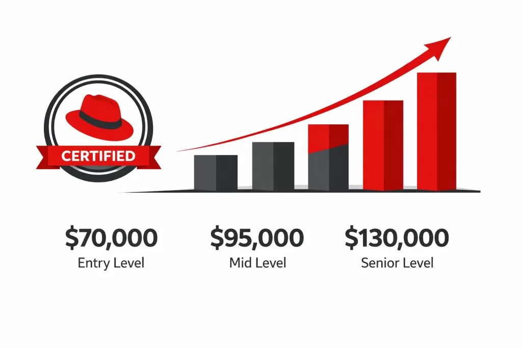 Upward career growth chart with Red Hat OpenShift certification badge and salary figures