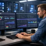 IT professional managing a Red Hat OpenShift cluster on dual monitors in a modern server room