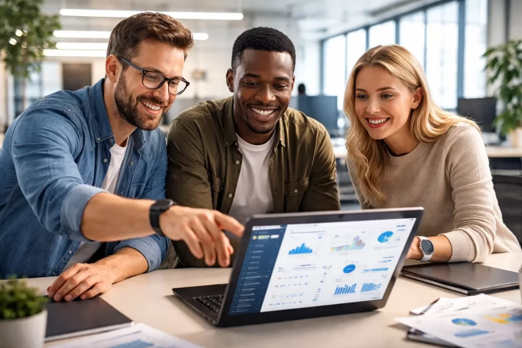 Team of platform engineers and DevOps professionals collaborating around a laptop in an office