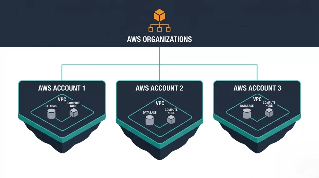 Account-per-tenant SaaS AWS architecture showing isolated AWS accounts per customer under AWS Organizations with dedicated VPC, RDS, and compute per tenant