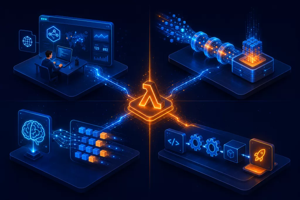 AWS Lambda enterprise use cases including serverless APIs, real-time data processing, AI inference, and automated DevOps pipelines