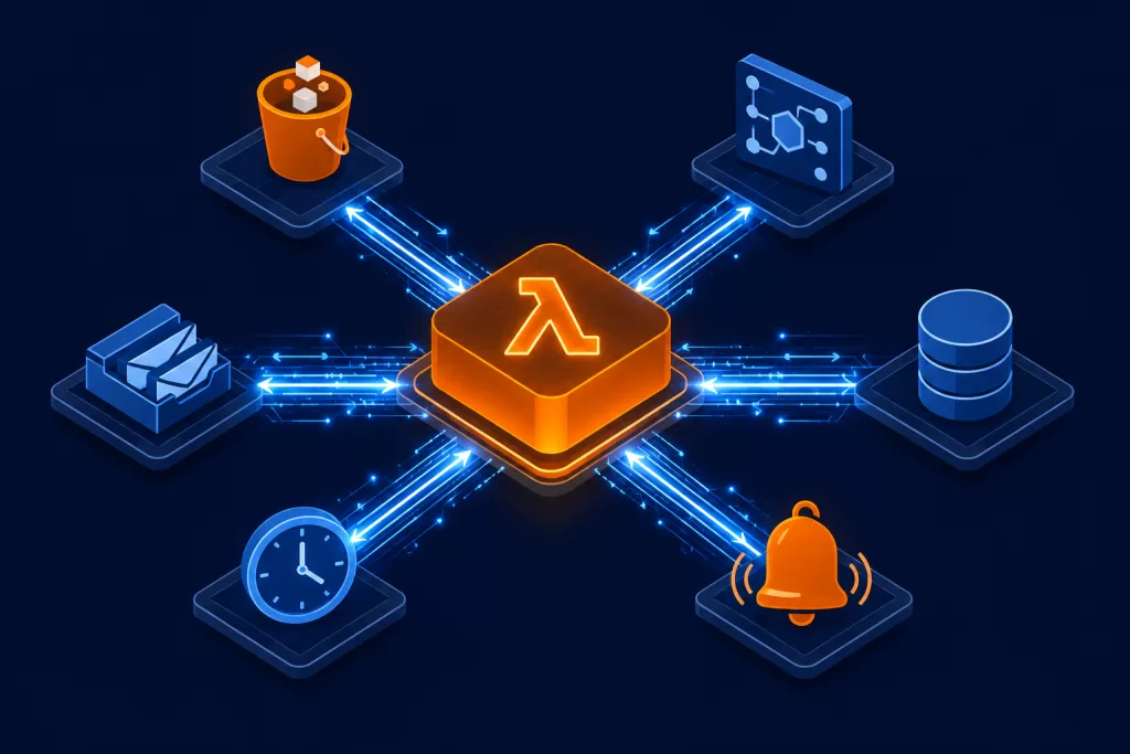 AWS Lambda event-driven triggers connecting S3, API Gateway, SQS, DynamoDB, and EventBridge to serverless functions
