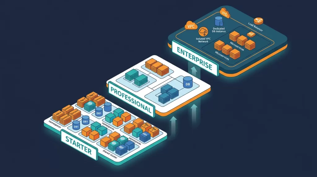 Amazon EKS tenant routing diagram showing shared Kubernetes cluster with namespace-level isolation, NetworkPolicy boundaries, and per-tenant IRSA roles