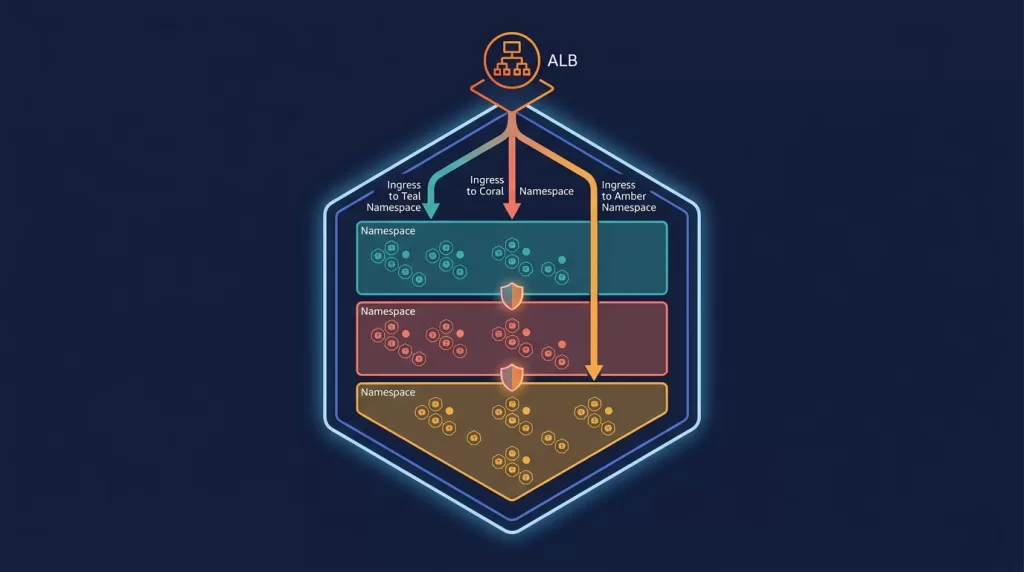 Hybrid AWS SaaS architecture showing three tenant isolation tiers — shared EKS cluster for SMB, dedicated namespace for professional, and account-per-tenant for enterprise
