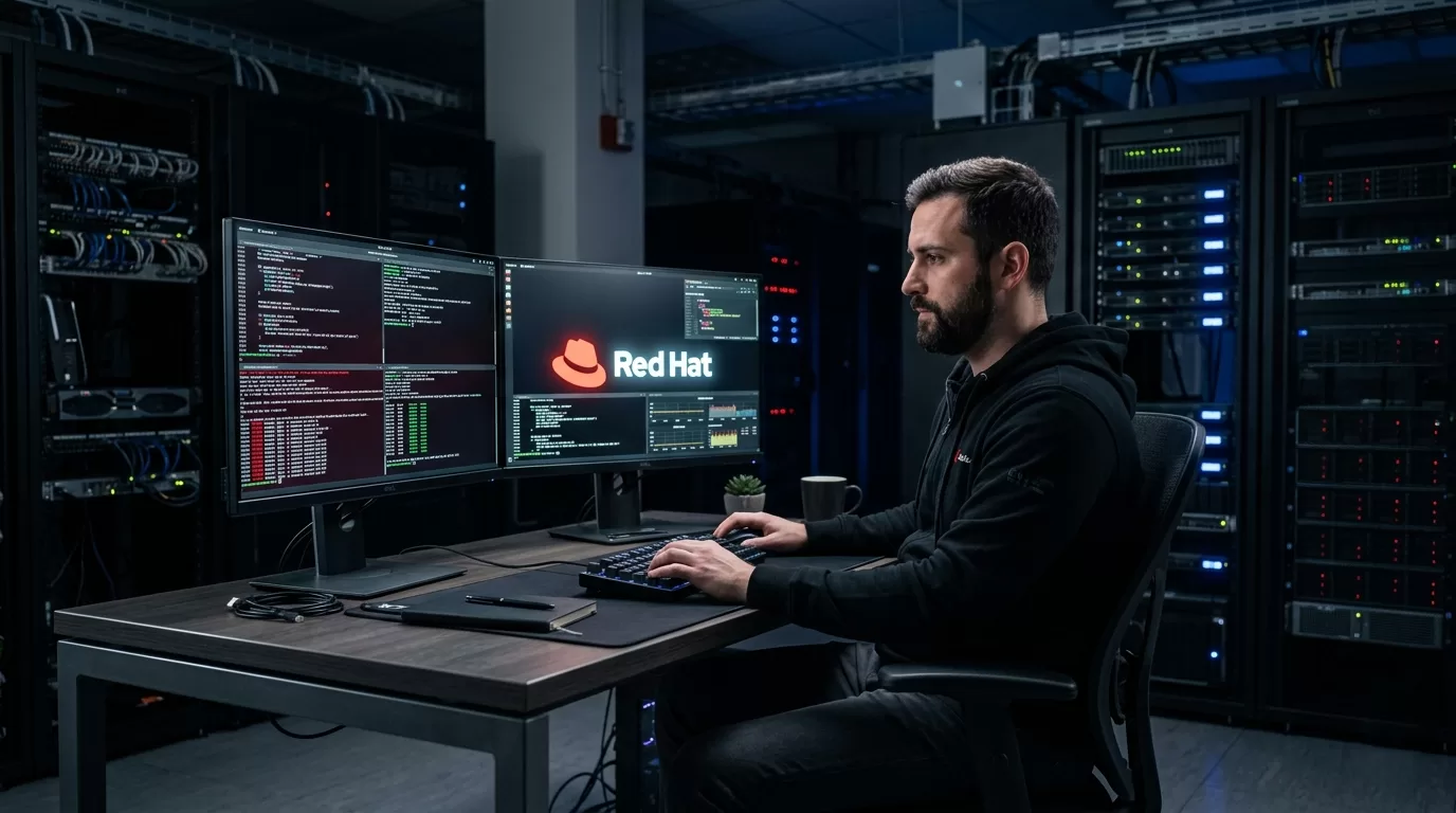 Red Hat Certification Changes 2026 - engineer at workstation studying for RHCSA RHCE RHCA exams