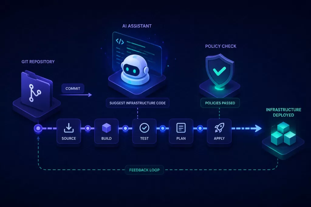 2026 infrastructure as code on AWS trends — GitOps pipeline, AI-assisted provisioning, and policy as code workflow diagram