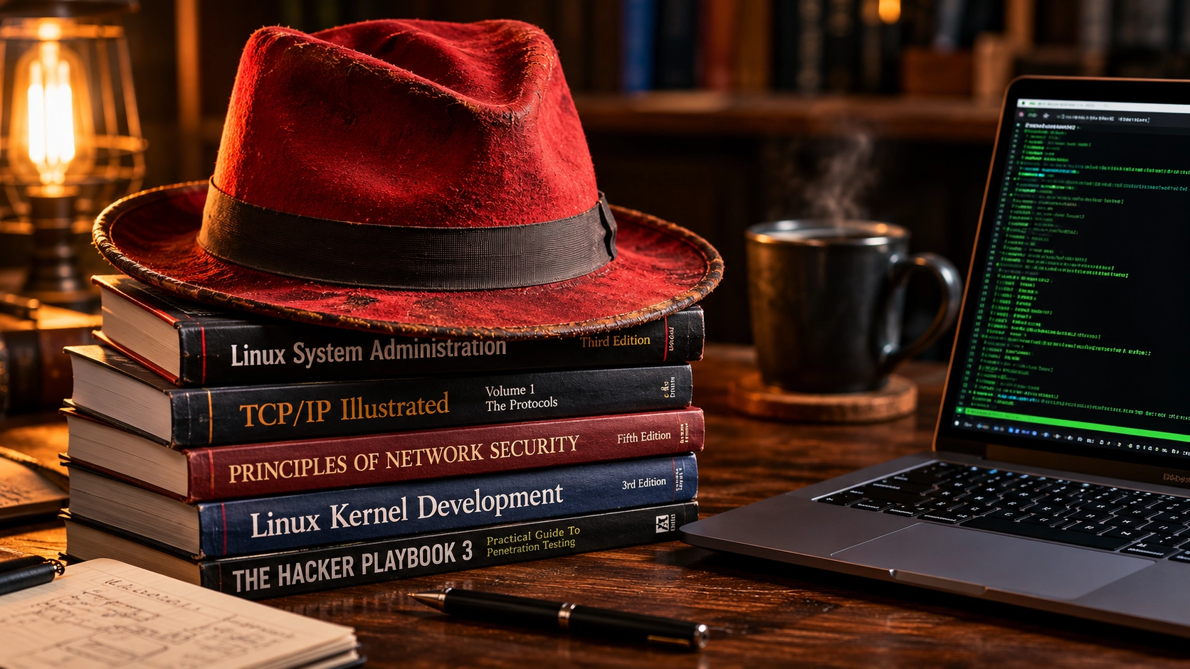 A red fedora hat resting on top of a glowing stack of certification books and a laptop keyboard, symbolising Red Hat certification careers in enterprise IT