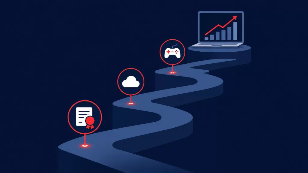 Roadmap graphic showing AWS certification progression from Cloud Practitioner to DevOps Engineer Professional